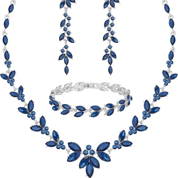 Blue Crystal Jewelry Set for Women Bride Bridesmaid Wedding Party Prom Gift - Picture 1 of 6